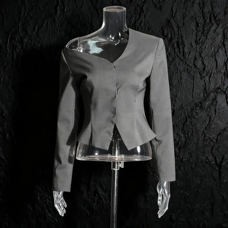ZAMOR HIGH STREET Women's Off-Shoulder Oblique Collar Blazer 2026 New Sexy Slim Fit Solid Color High-End Suit Jacket