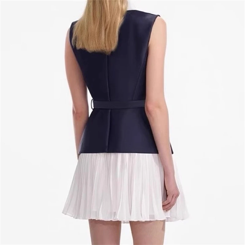 Verão novo feminino azul branco gola sem mangas cintura cinched plissado chiffon mini vestido y2k saia de moda de alta qualidade