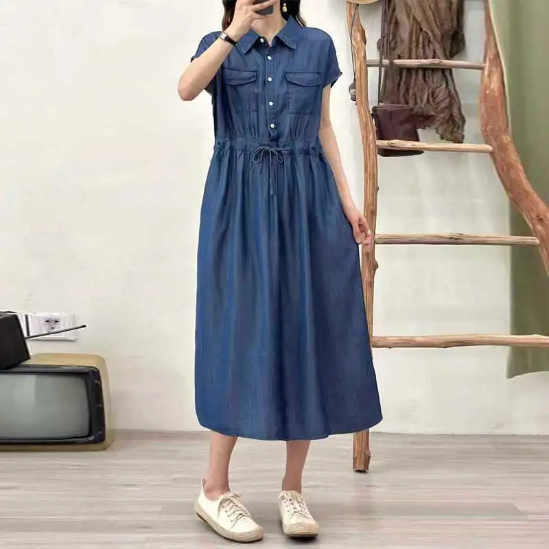 

Japanese Vintage Mori Girl Pocket Button Front Denim Shirt Dress Women Summer Short Sleeve Drawstring Waist Casual Loose Dresses