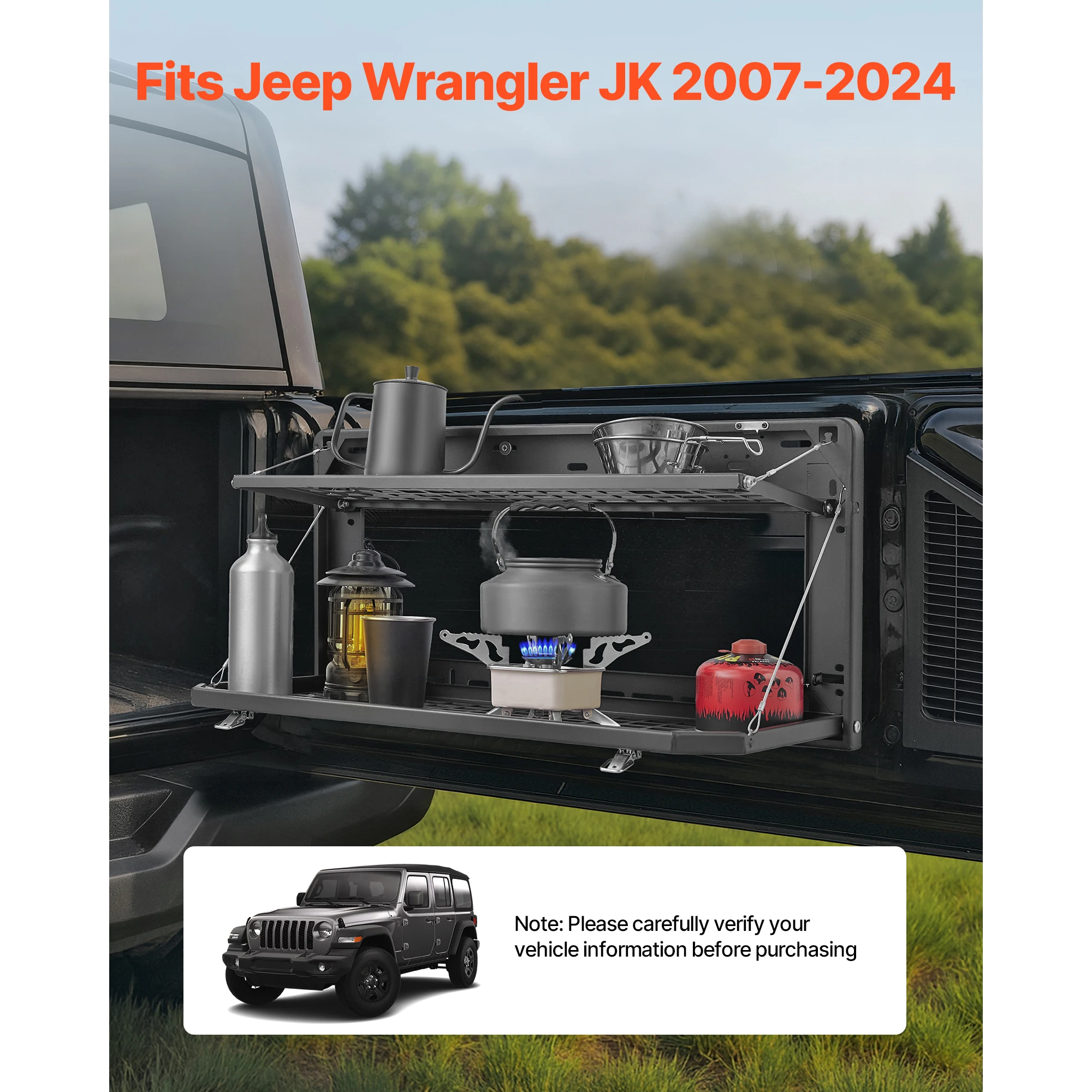 SucceBuy Tailgate Table Carbon Steel Foldable Molle Panel Double-Layer Drop Down Table Cargo Storage Rack Shelf Luggage Carrier