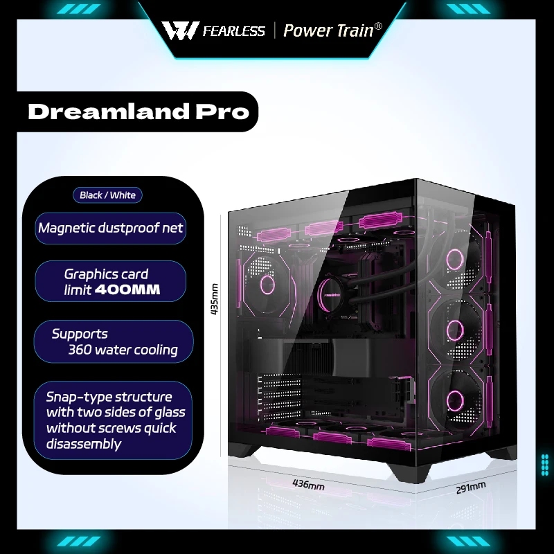 

Игровой чехол для ПК Power Train Dreamland PRO ATX MATX ITX Комната с видом на море Двусторонний стеклянный корпус для компьютера Gabinete с водяным охлаждением на 360°
