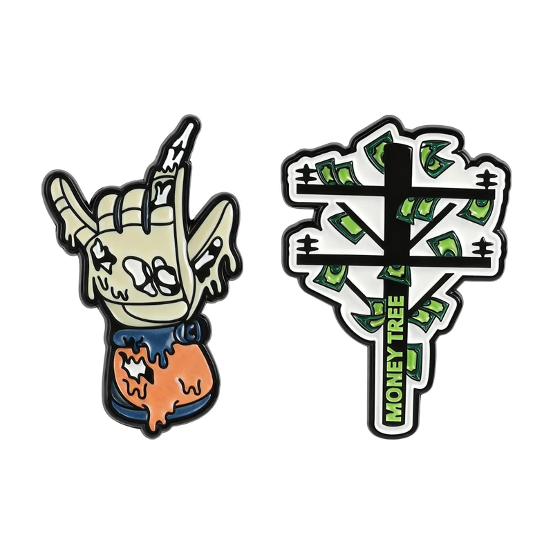 

Punk Rock Skull Hand Gesture Money Tree Brooch Enamel Pin Creative Street Wear Design Brooch Bag Lapel Badge Funny Jewelry Gifts
