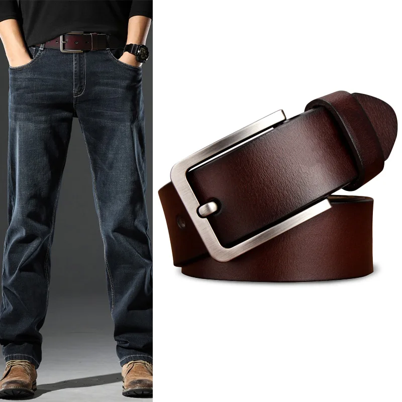 New style men's leather belt with retro European-style buckle and universal compatibility, made of thick genuine leather.