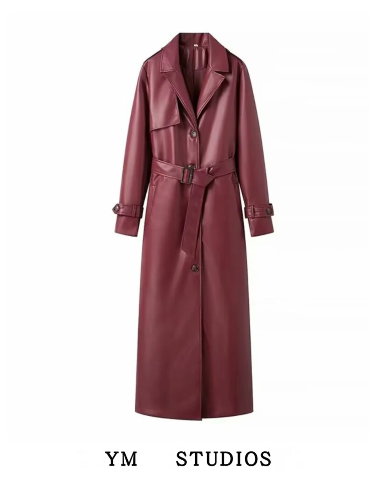 

American Sle Long PU Leather Biker Coat Spring Autumn Godd Waist-Cinching Jaet Street Sle Long Sve Suit Collar