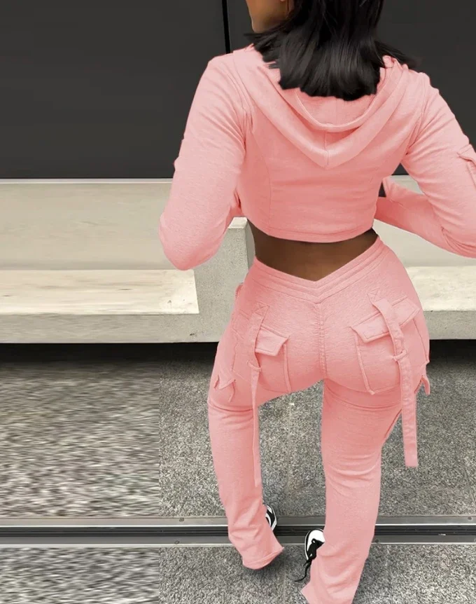 Zipper Design with Exposed Navel Hooded Sweatshirt and Drawstring V-Shaped Waistline Work Pants, Sports Pants Long Pants Set - Image 3