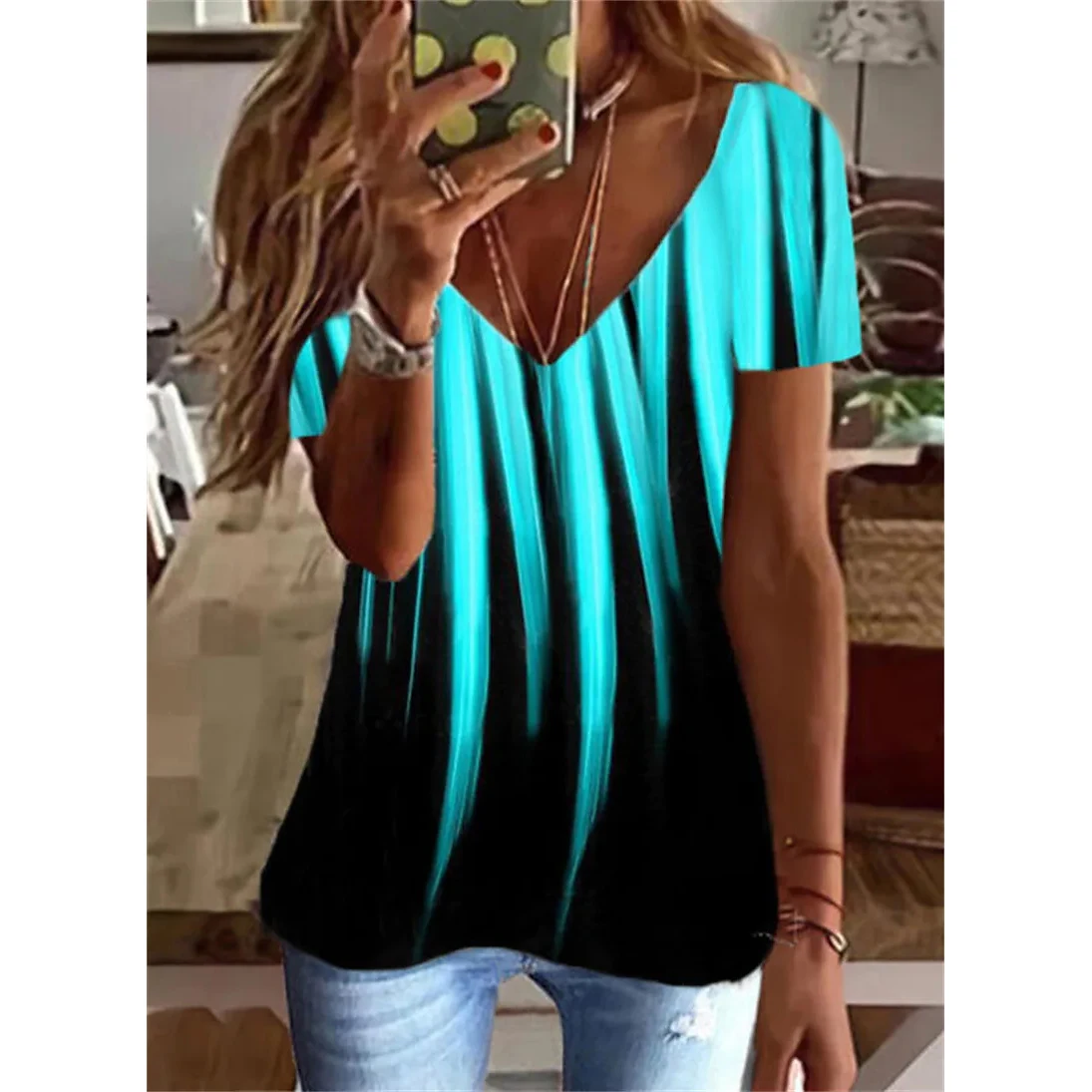 Summer Women T Shirt Stripes Print Gradient Clothing V Neck Short Sleeve Basic Tops Streetwear Fashion Oversized Girls T-shirts