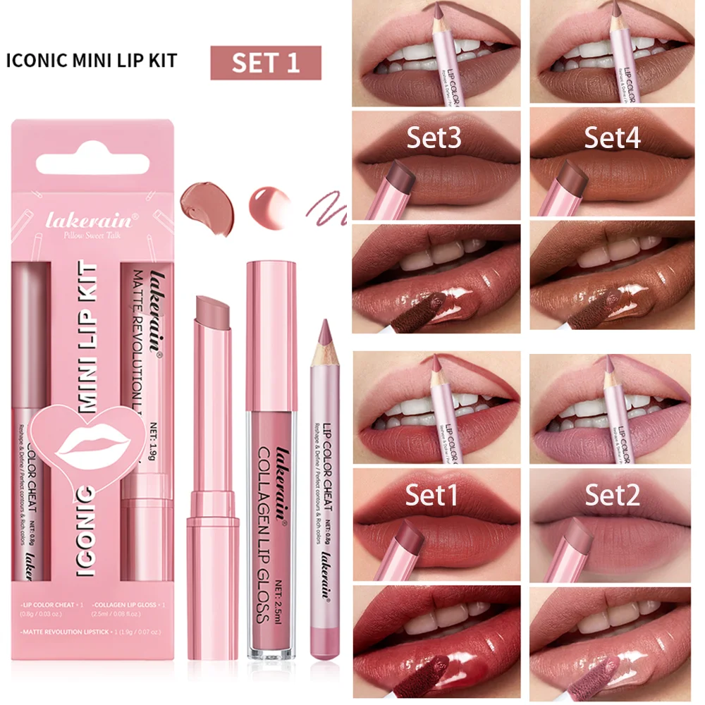 3 in 1 Lipstick Lip Liner Lip Gloss Set Easy Coloring Moisturizing Lip Sticks Suitable for All Occasions Lip Makeup Cosmetic Gif