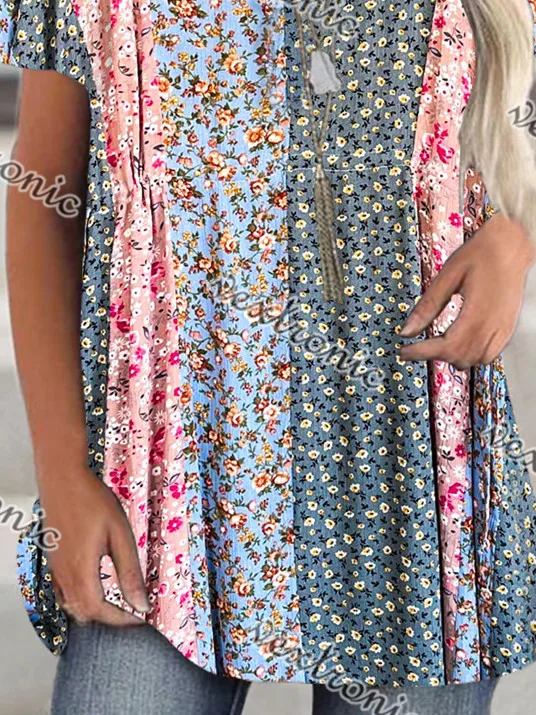 Top de manga corta con cuello redondo y estampado Floral para mujer, talla grande