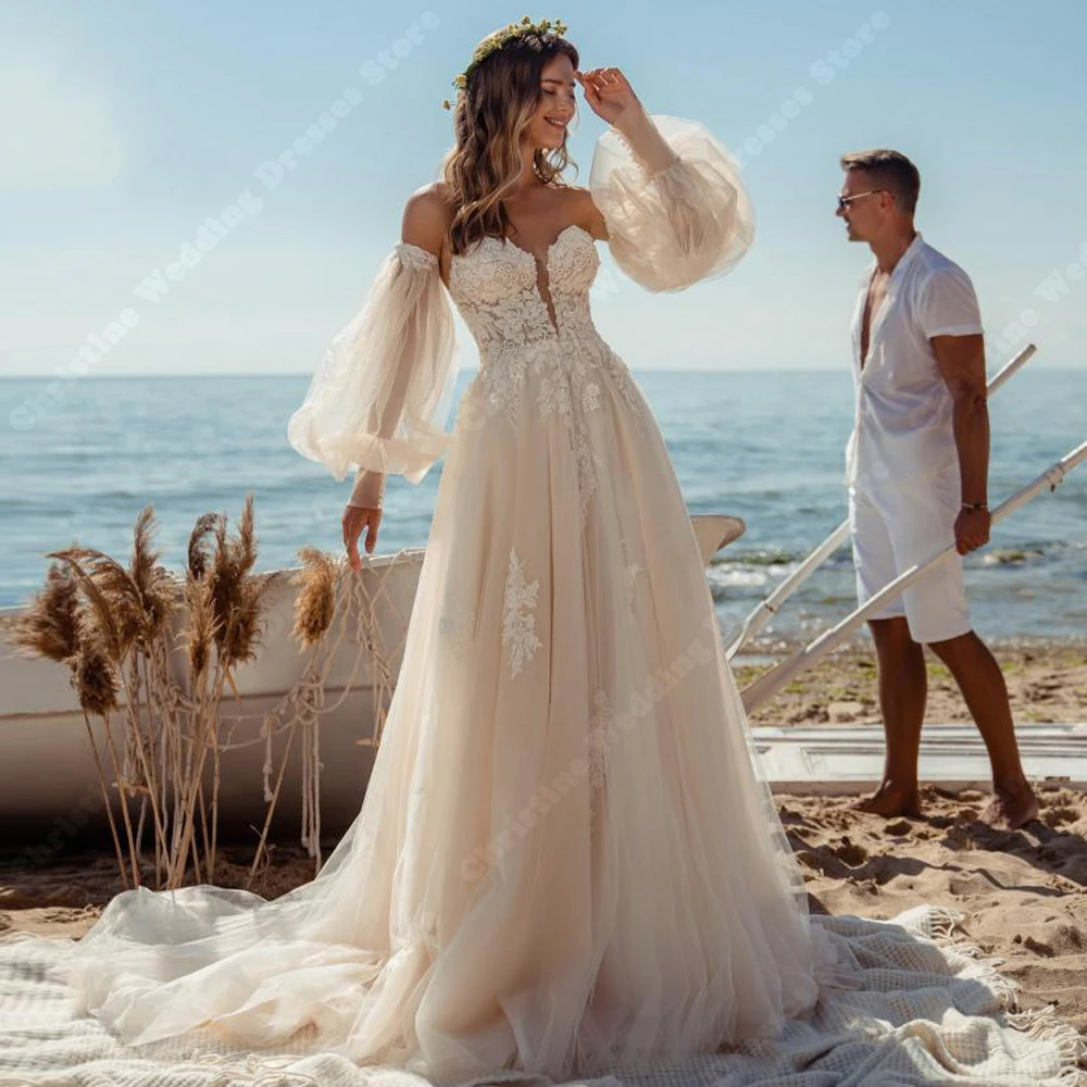 

2025 Off The Shoulder Women Wedding Dresses Elegant Lace Print A-Line Bridal Gowns Mopping Length Party Bridal Robes Customized