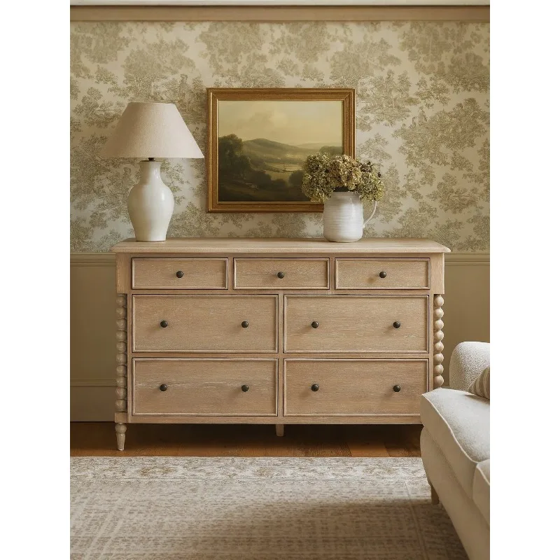 American country solid wood seven chest cabinet French retro style oak locker living room wall side cabinet bedroom storage cabi