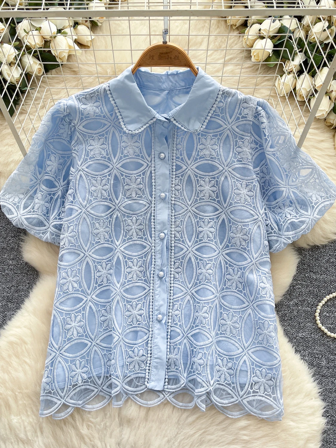 

Embroidered Lantern Sve irt Women's Summer Court Sle Versatile Single Buttoned Top Heavy Work Hook Flower