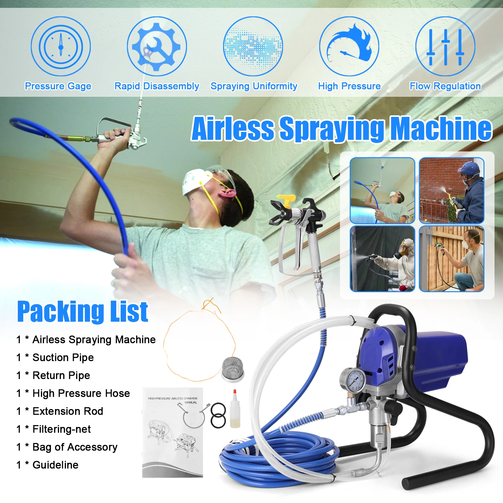 Pulverizador Mal Ventilado o Máquina Pulverização de Pintura Elétrica Pulverizador Elétrico Pintura Pistola Ferramenta com Medidor Pressão de Alta Pressã