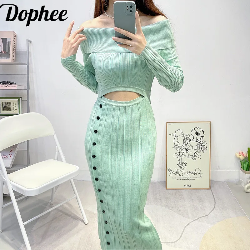 High Quality New Spring Long Sleeve Women Knitted Dresses Sexy Off Shoulder Exposing Navel High Waist Wrap Buttocks Lady Dress