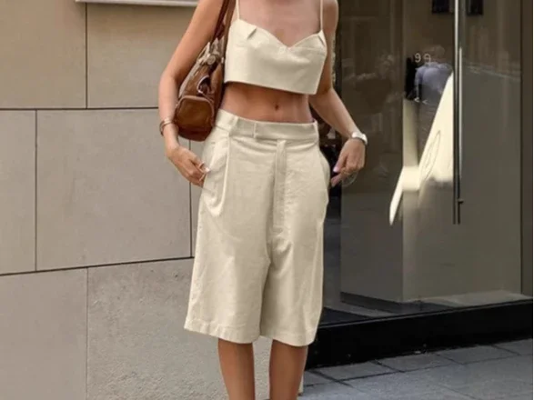

2026 Summer Khaki Tank Top Shorts Two-Piece Set For Women's Fashionable Casual Wide Leg Pants Set