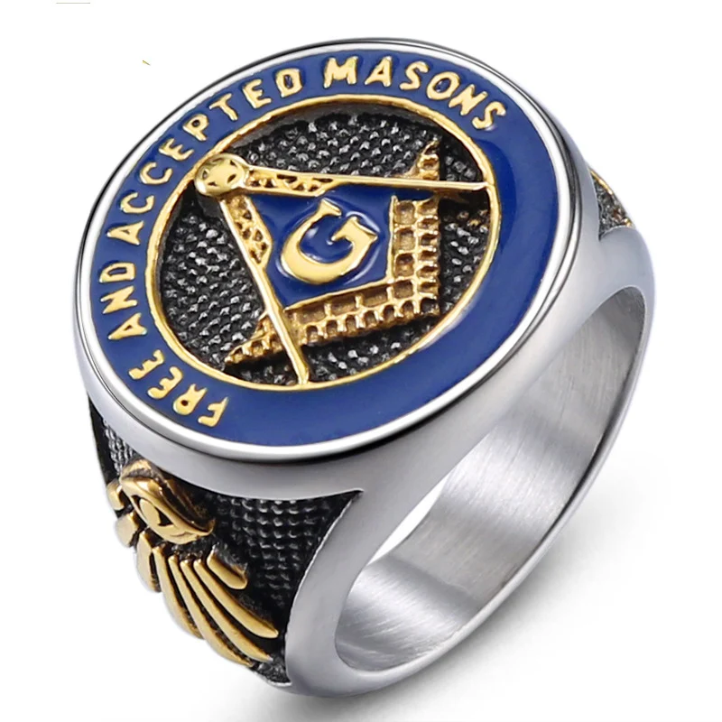 Punk Rock Stainless Steel Free and Accepted Masons Freemasons AG Round Finger Rings for Men Charm Jewelry Size 7-12