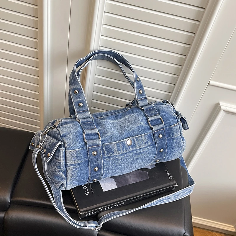 

Retro Rivet Crossbody Bag For Women 2026 Blue Denim Handbag Lady Girls Barrel-Shaped Shoulder Tote Large Capacity Sac A Main