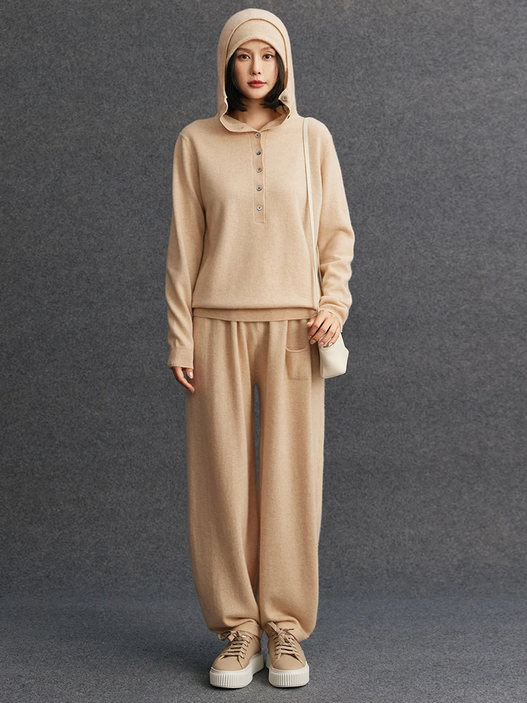 

TLOML женский комплект из 100% кашемира, пуловер с капюшоном, карманные брюки-фонарики, кашемировый трикотаж, осенне-зимний мягкий теплый повседневный свободный костюм