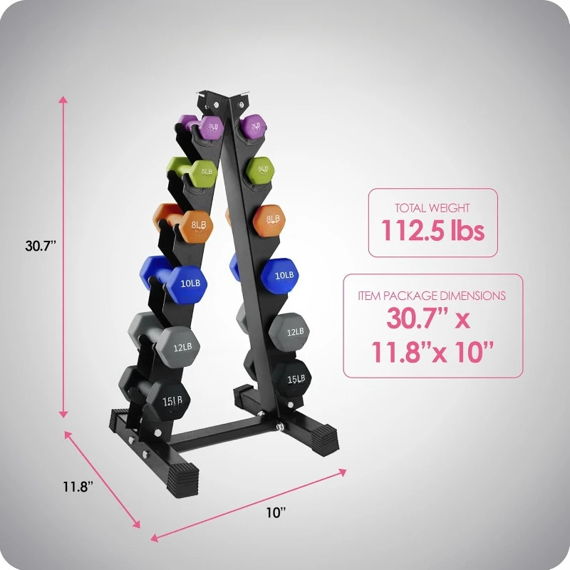 2, 3, 5, 8, and 10 Pound Neoprene Dumbbell Free Hand Weight Set with Rack, Ideal for Home Exercises to Gain Tone