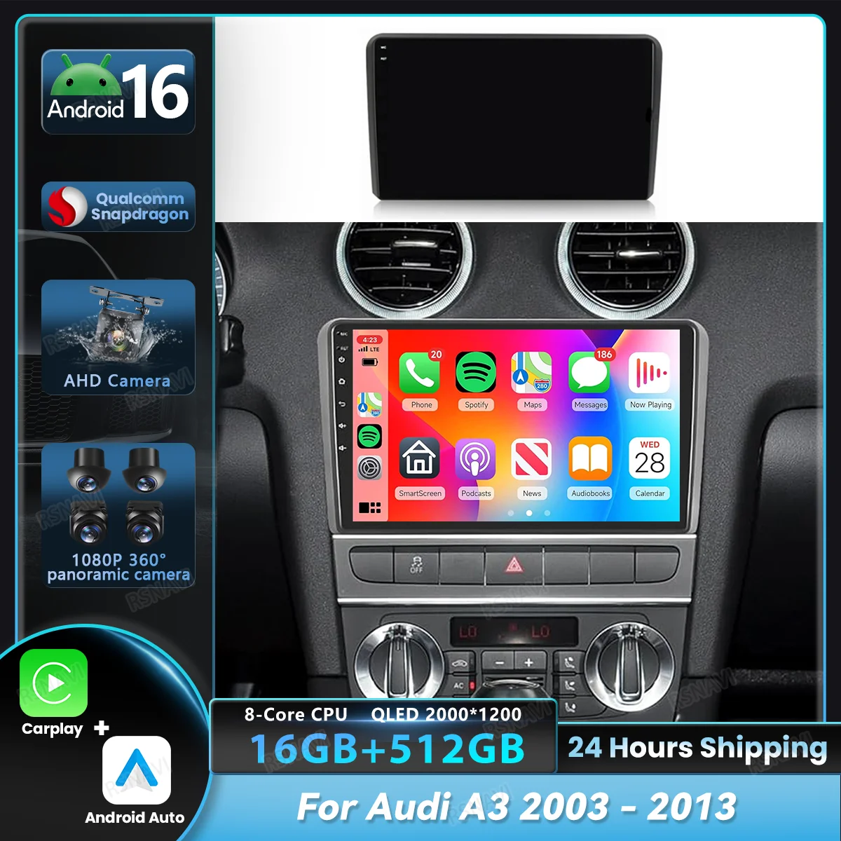 Rádio Automotivo com Navegação GPS Android 16 Carplay para Audi A3 8P 2003 - 2013, Reprodutor Multimídia 2Din Qualcomm com Vídeo, Estéreo, WIFI+4G