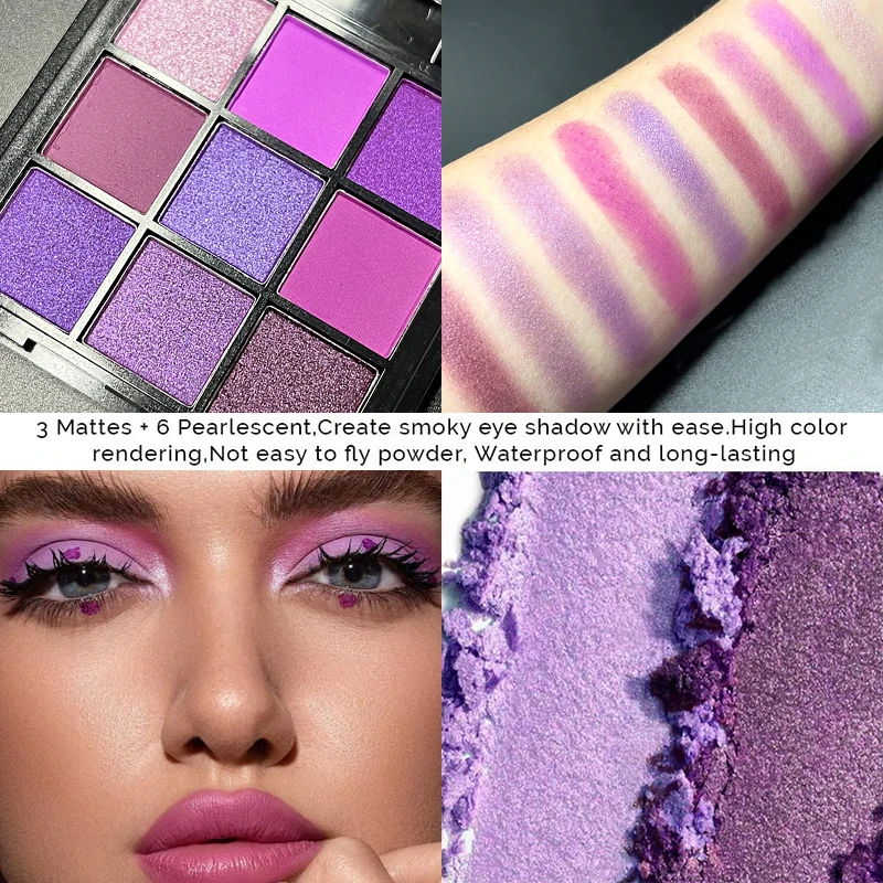 Paleta de sombras foscas roxas de 9 cores, maquiagem para olhos esfumaçados, cosplay, maquiagem de palco violeta, sombra perolada fosca de nove quadrados