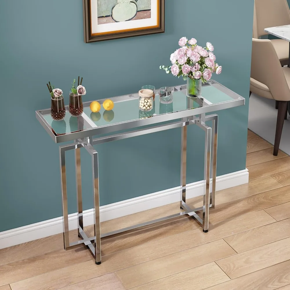 طاولة وحدة تحكم زجاجية من ASYA للمدخل، طاولة مدخل حديثة بإطار من الزجاج المقسى والكروم، طاولة أريكة فضية للمعيشة Ro