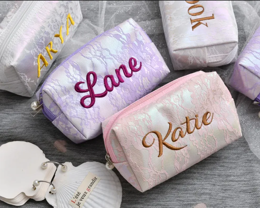 Custom Name Lace Makeup Bag, Embroidered Cosmetic Pouch, Bridesmaid Gift, Personalized Cosmetic Bags for Women, Makeup Bag