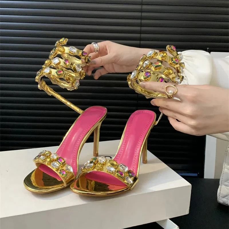 New Summer Women's High-heeled Sandals Snake-shaped Winding Sandals Stiletto Open-toed Colorful Rhinestone Strappy High Heels