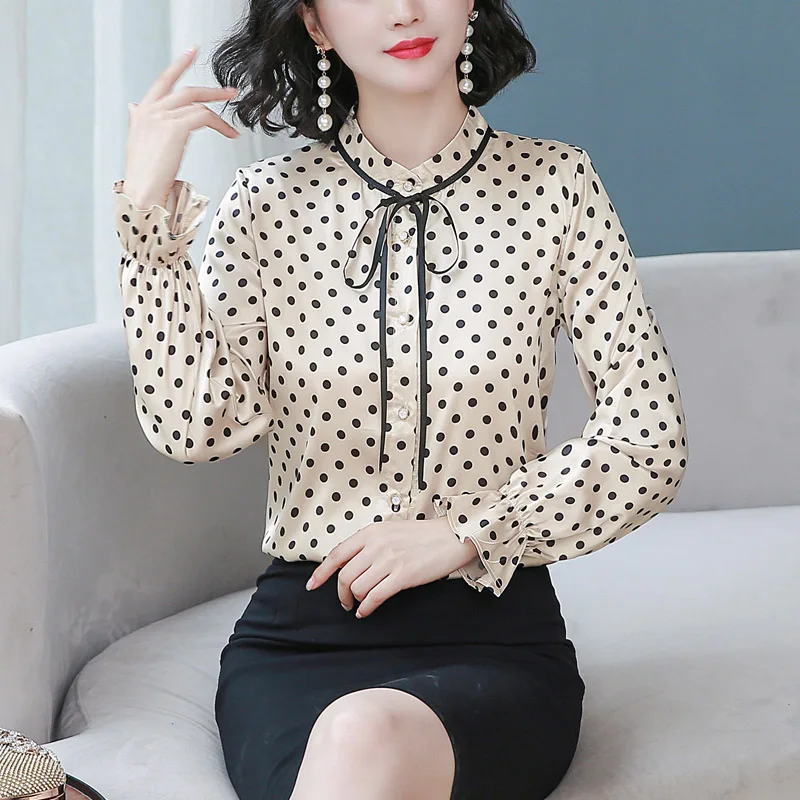 

Autumn New Long Sleeved Stand Collar Women Blouses Fashion Casual Polka Dot Chiffon Shirt Office Lady Tops