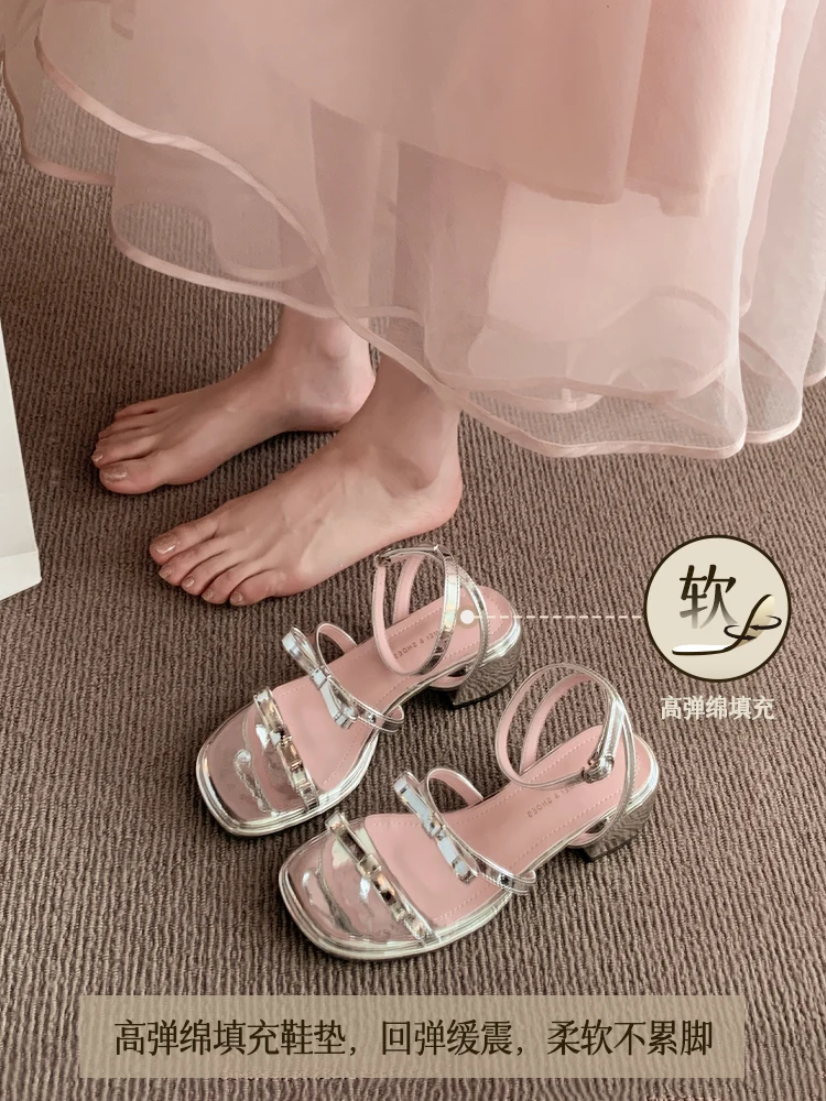 Buty damskie sandały 2024 lato nowy kokarda obcas gruby obcas średni obcas buty rzymskie