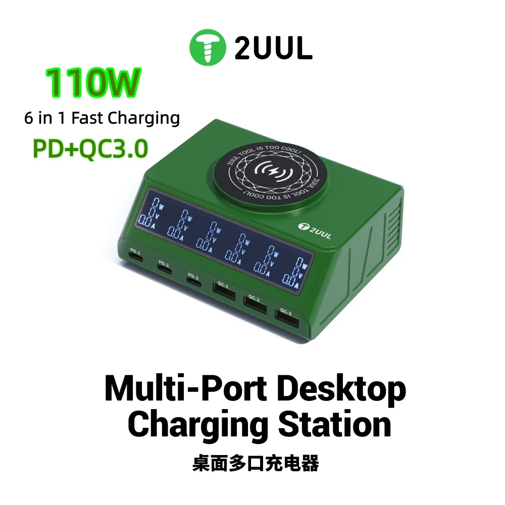 

110W 6 Ports USB Charger Staion 5-15W Wireless Charging PD QC3.0 Type C Fast Charger for iPhone 17 Pro Macbook Samsung Laptop