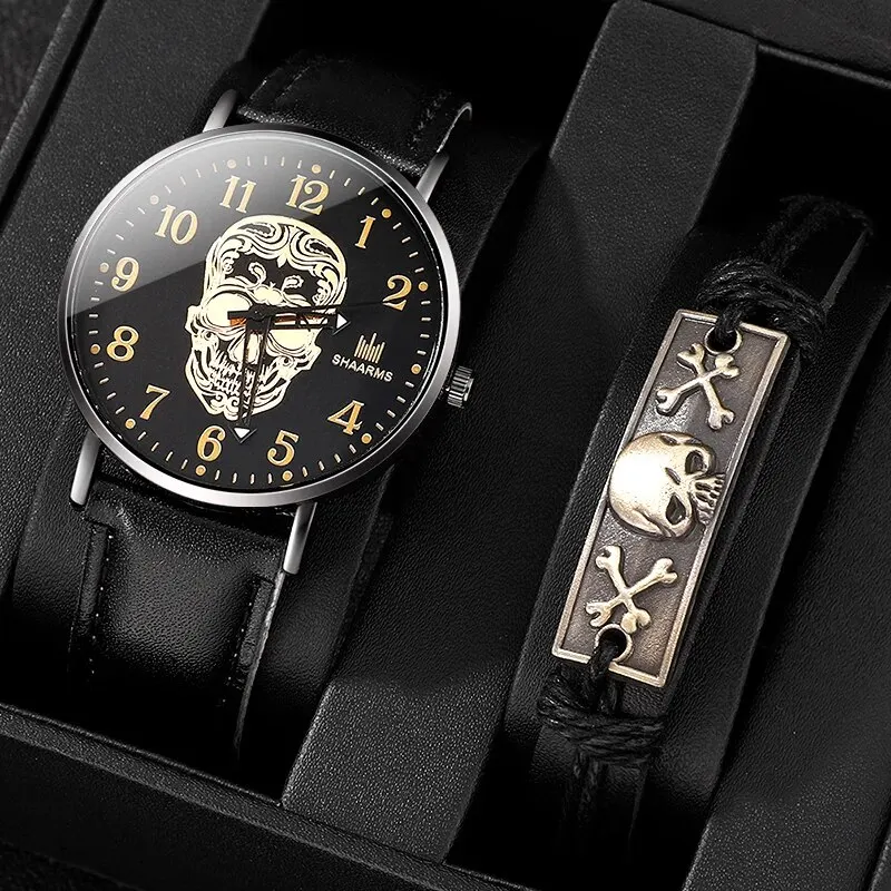 Luxury Brand Men Watches Skull Big Dial Quartz Wristwatches Leather Strap Men Casual Sports Watches Gold Bussiness Male Clock