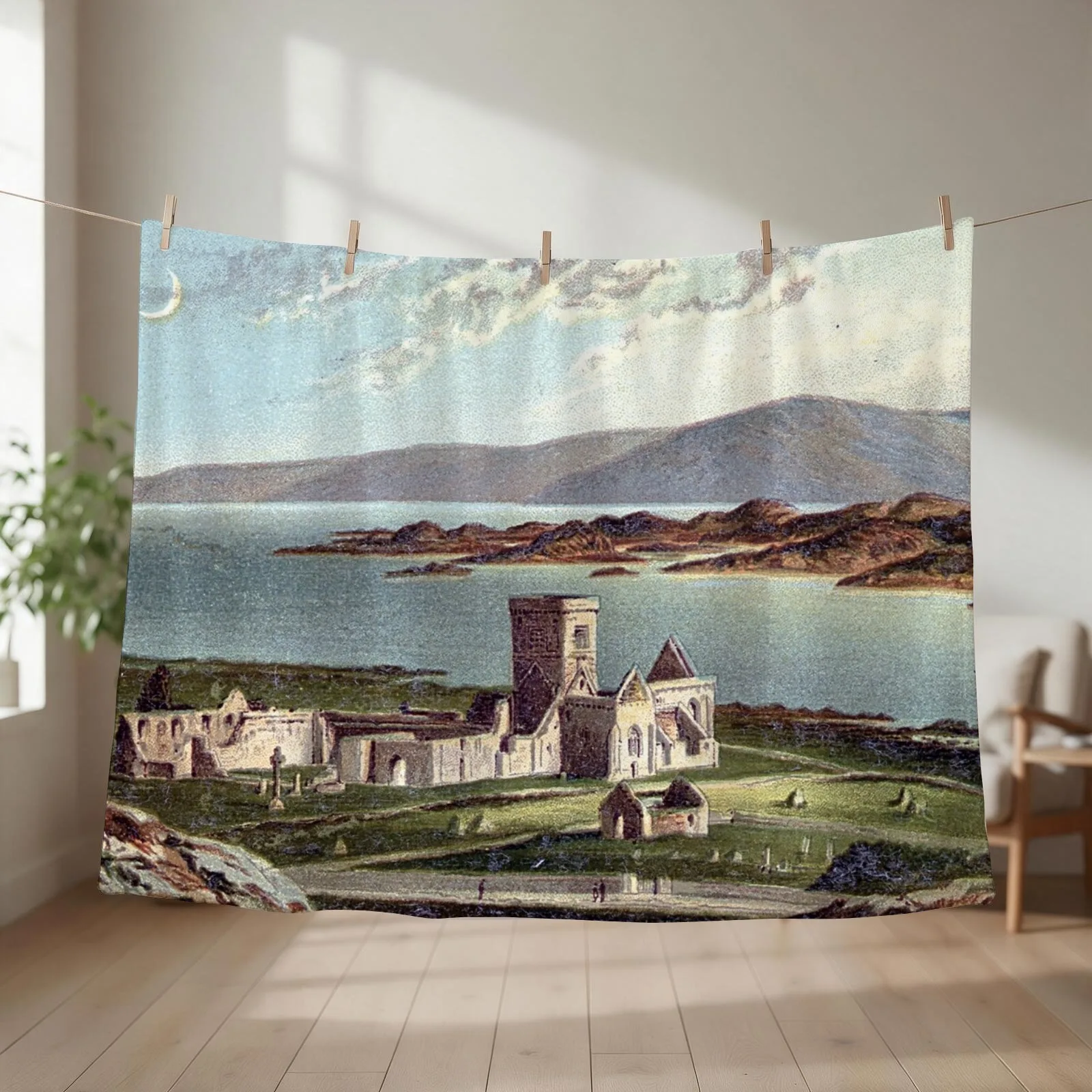 Vintage Illustration of Iona Abbey, Isle of Iona Throw Blanket couch cozy soft plush fuzzy picnic outdoor blanket