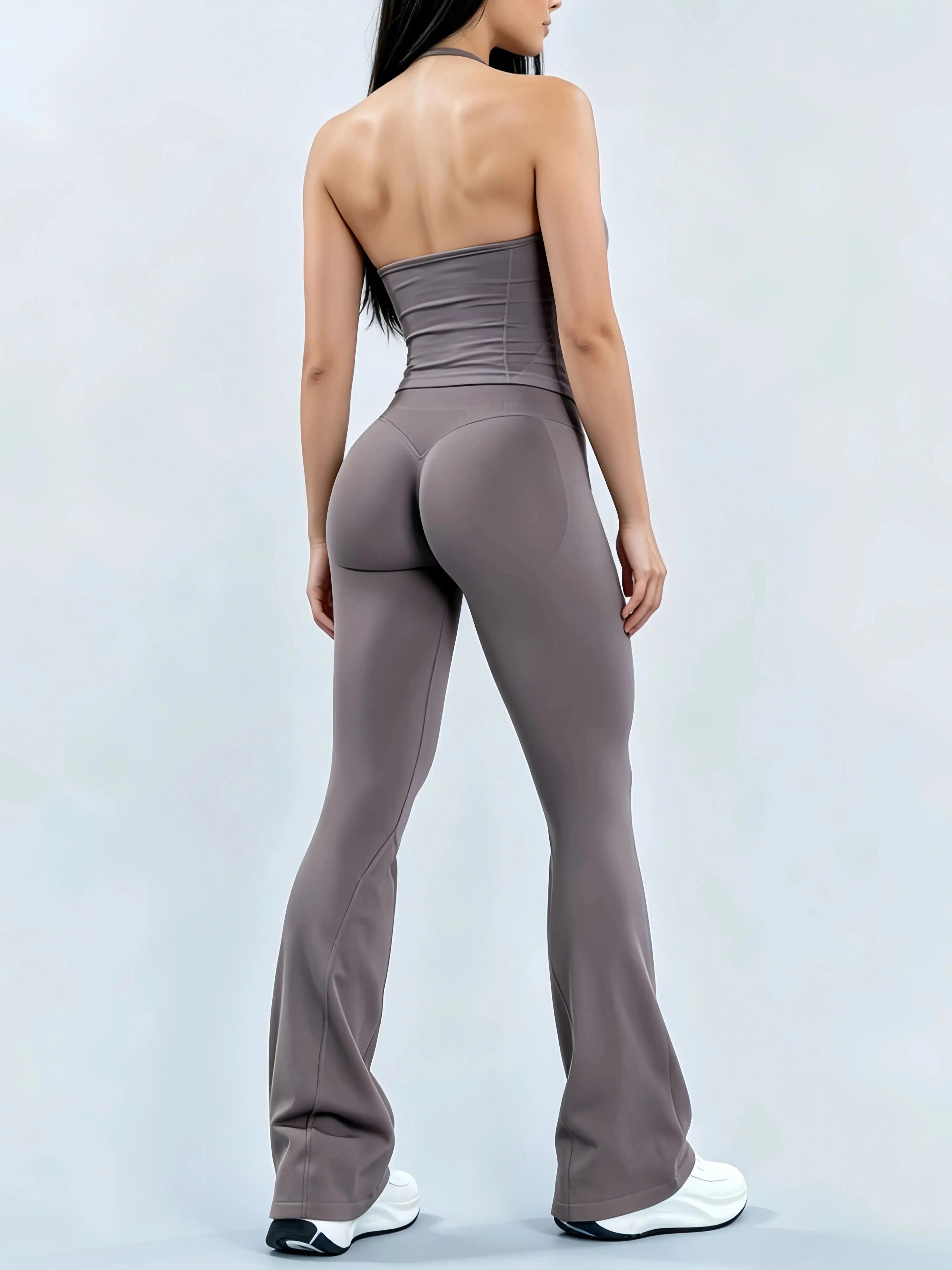 2-teiliges HISTELLO Gym-Set Nahtloses Damen-Sportoutfit Langes Trägertop mit Raffung vorne Po-Lifting-Effekt Fitness-Workout Schlaghosen-Set
