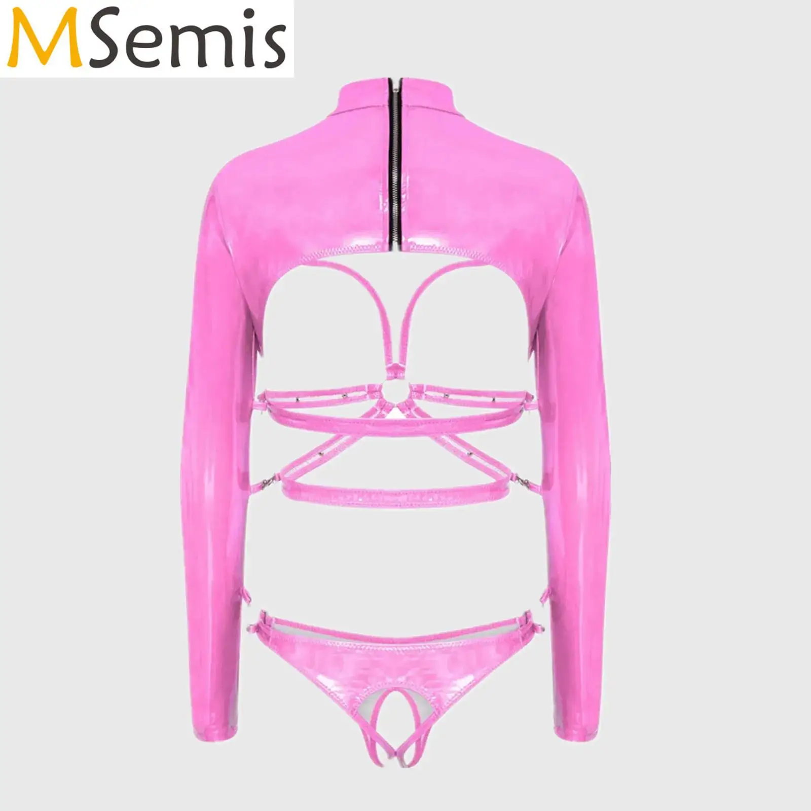 

Womens Lingerie One Piece Glossy PU Bodysuit O-ring Clasps Linked Long Sleeve Hollow Out Cup Open Nipples Open Crotch Leotard