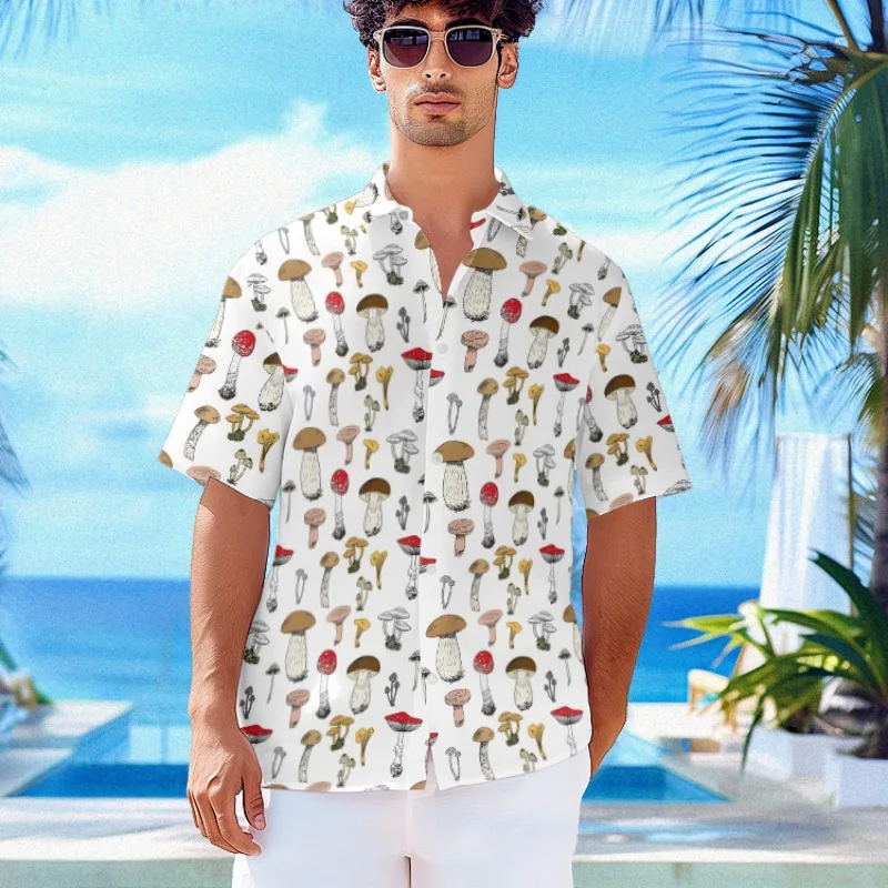 

Summer Hawaiian Shirt Men Beach Fashion Casual Streetwear Y2k Oversize Short Sleeve Shirt Luxury Mushroom Pattern Tops Blusas