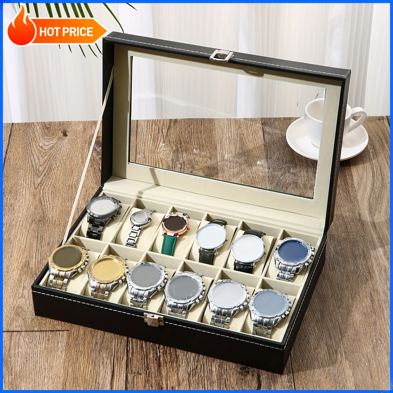 

A Faux Leather Watch Storage Box That Holds 12 Watches, Perfect for Displaying Timepieces And Storing Jewelry Like Bracelets.