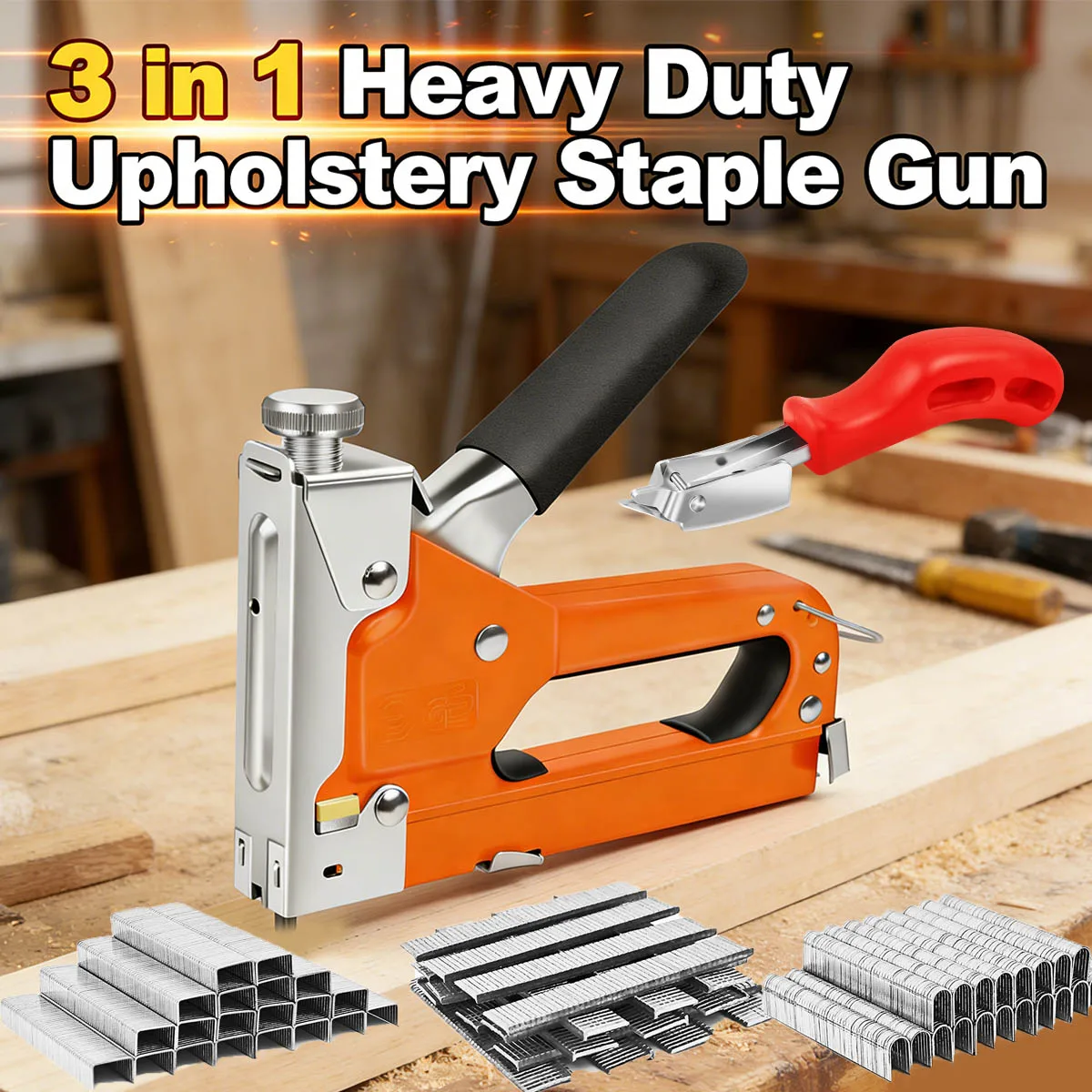 Pistola de grapas de alta resistencia, pistola de grapas y clavos 3 en 1 con 3000 grapas, grapadora de pared, pistola de grapas para tapicería, bricolaje, madera, manualidades, carpintería, decoración DIY