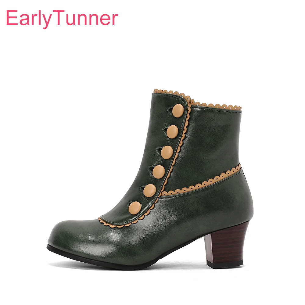 

2025 New Spring Sweet Green Red Women Ankle Boots Fashion High Square Heels Lady Casual Shoes Plus Big Size 43 46 48