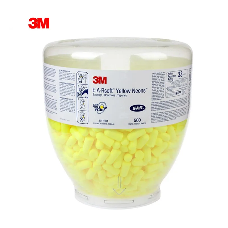 3M EarPlugs, 500 Pairs/Refill Bottle for One Touch Dispenser, Yellow Neons 391-1004, Uncorded, Disposable, Foam, NRR 33