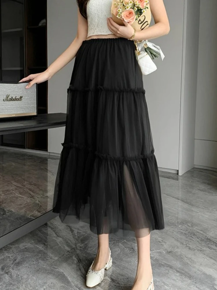 

2025 Korean Style Fashion Pleated Skirt Fashion A- Line Half Skirt Women's Summer New Style High Waist Midi Length Cake Skirt