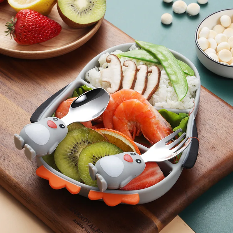 Creative Children\'s Silicon Plastic Date 304 Stainless Steel Cartoon Penguin Spoon Fork Strifice Bib