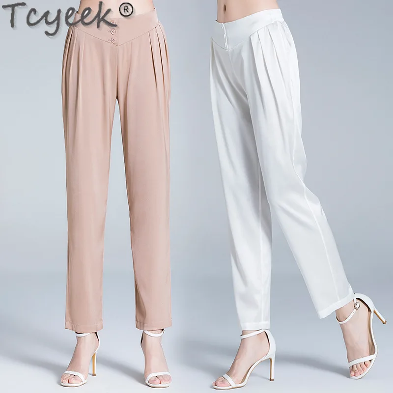 

Tcyeek 19MM 95% Mulberry Silk Pants for Women Summer Pants Thin Style Harem Pants Streetwear Ankle-length Woman Trousers 2024