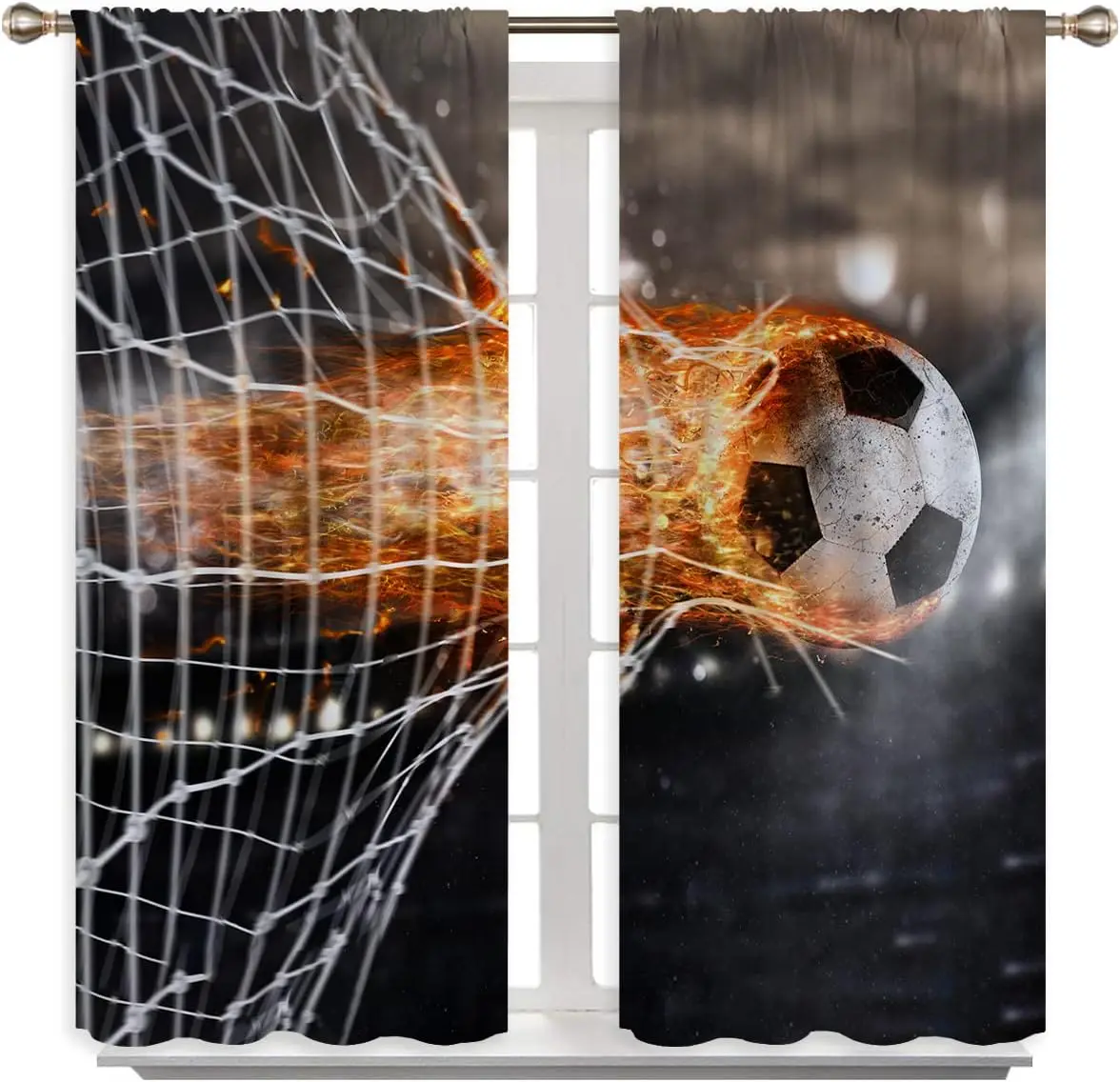 Football Blackout Curtains for Boy Girl Room Darkening Decor,Fireball Leaves Trails of Flames and Scores Goal on the Net Bedroom