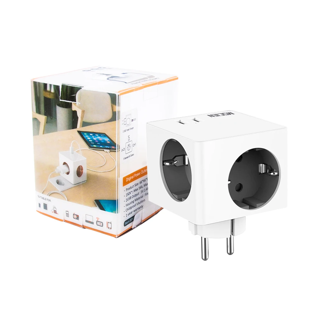 MSCIEN EU Plug Adaptor Surge Protected Cube Multi Plug Extension Wall Socket with USB Charging Ports European Smart Power Strip