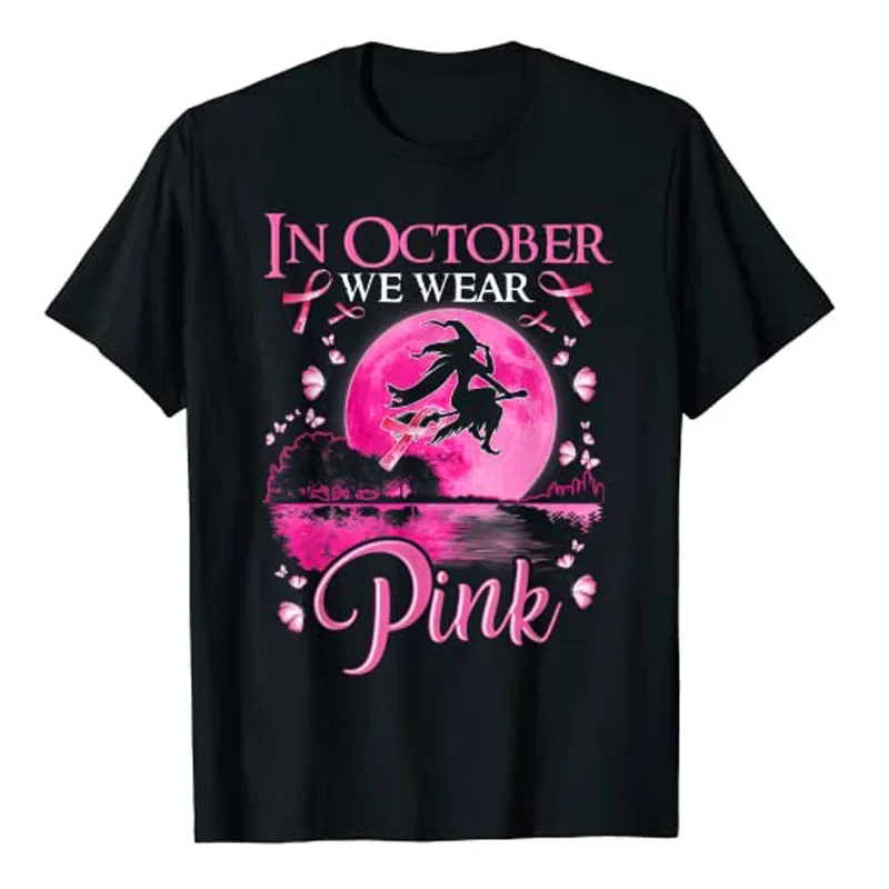 

In October We Wear Pink Ribbon Witch Halloween Costume Breast Cancer T-Shirt Gifts Aesthetic Clothes Short Sleeve Blouses