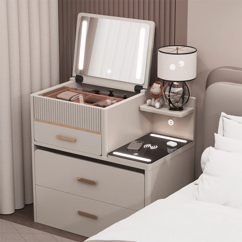 

Dresser Bedside Table Integrated Combination Dressing Table Makeup Vanity Multifunctional With Lamp Stool Bluetooth Nightstands