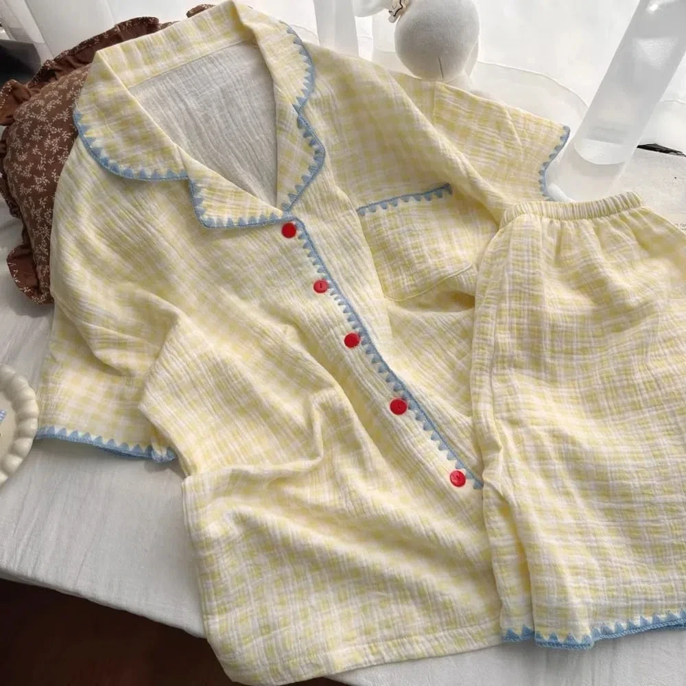 

Sweet Sweet Plaid Pajamas Set Loose Summer Thin Short Sleeve Pajamas Lattice Home Wear Shorts Sleepwear Suit Summer