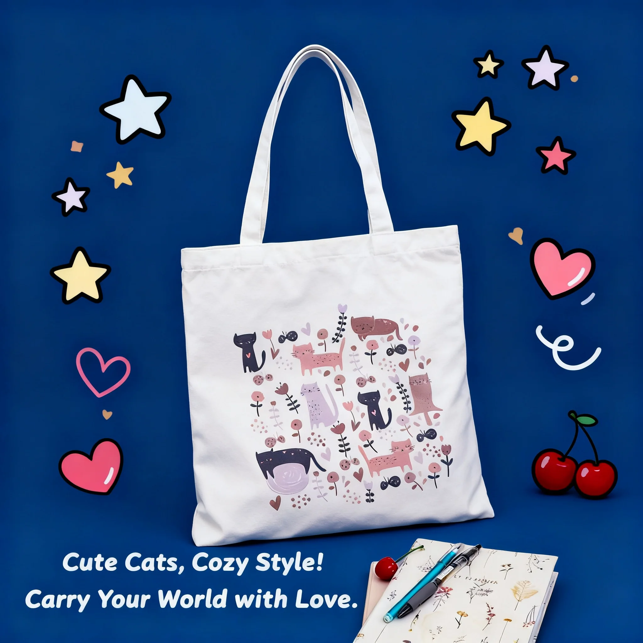 

Холщовая сумка-тоут с милым кошачьим принтом, сумка-шоппер, сумка через плечо для женщин и девушек, модная повседневная сумка с животным принтом