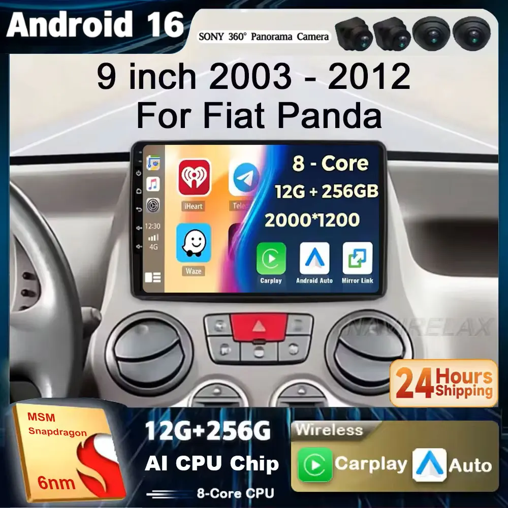 Android 16 Car Radio For Fiat Panda 169 2003 2004 2005- 2012 Carplay Auto GPS Navigation 360 Camera Stereo 2 Din Video Player BT