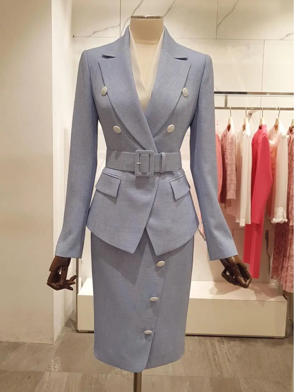 

Elegant Double-Breasted Slim-Fit Waistcoat Suit Jacket Women's Midi Skirt Set Fashionable Spring Commute Style Polyester...